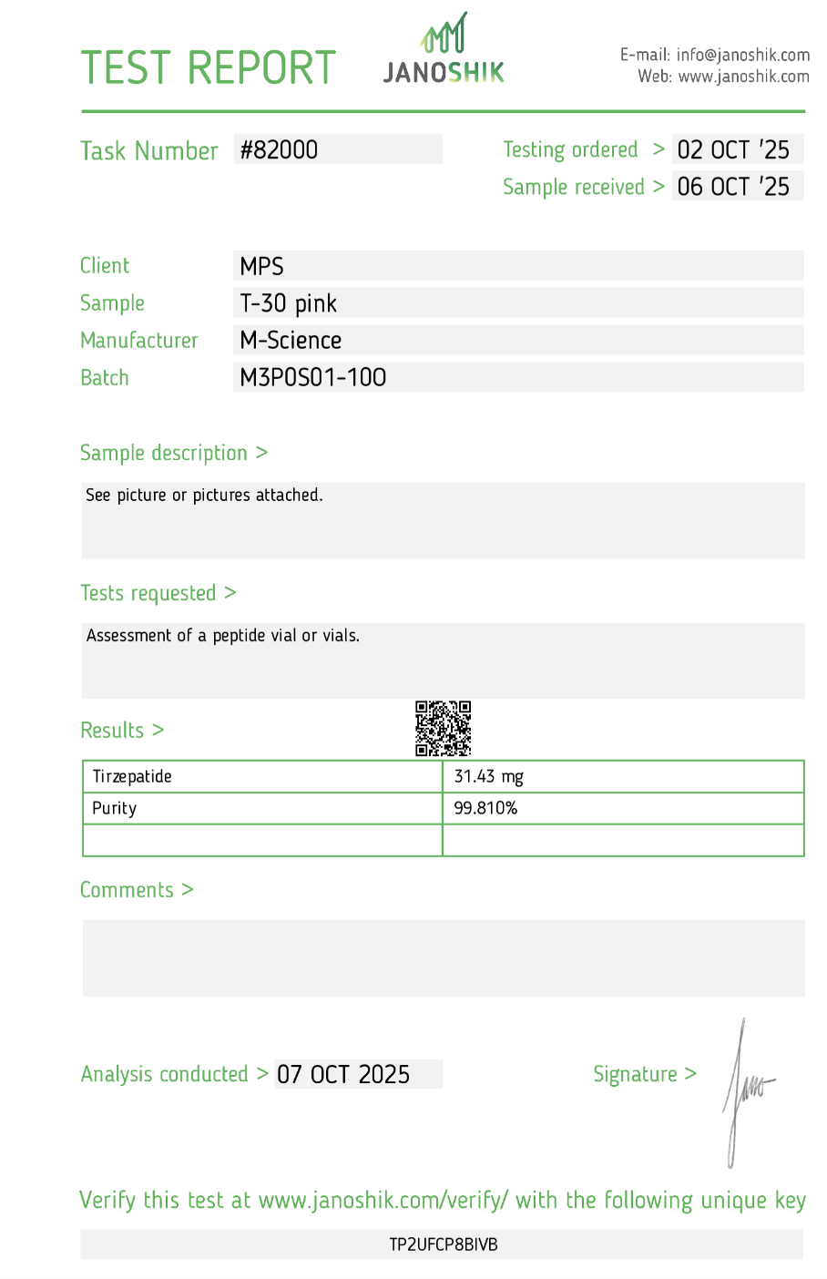 Janoshik test report for tirzepatide lot M3P0S01-100