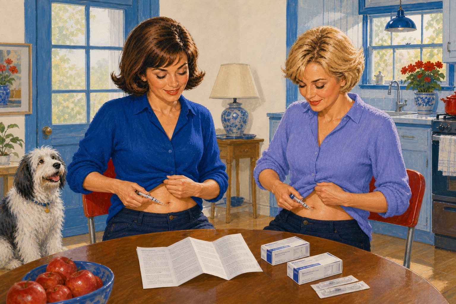 The Peptide Scene duo independently self-administer prescribed medicine into abdominal skin at home while their dog watches