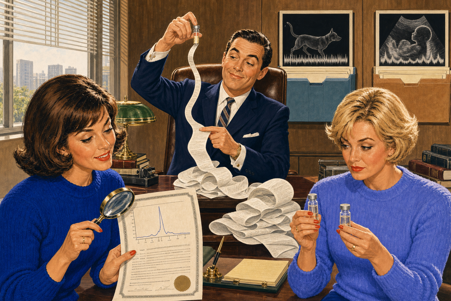 A mid-century lawyer unrolls a comically long legal document from a tiny research vial while the Peptide Scene duo inspect a certificate of analysis