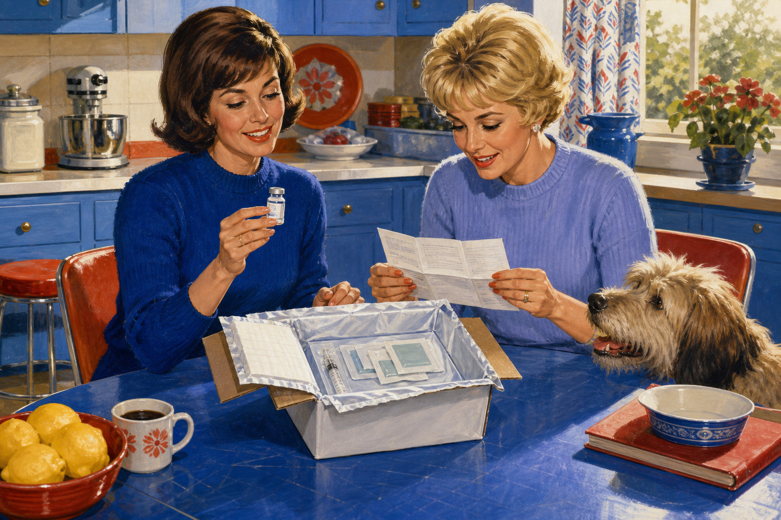 Two adult friends at a blue kitchen table unpack sealed mail-order supplies, read a vial label together, and smile as a curious dog watches
