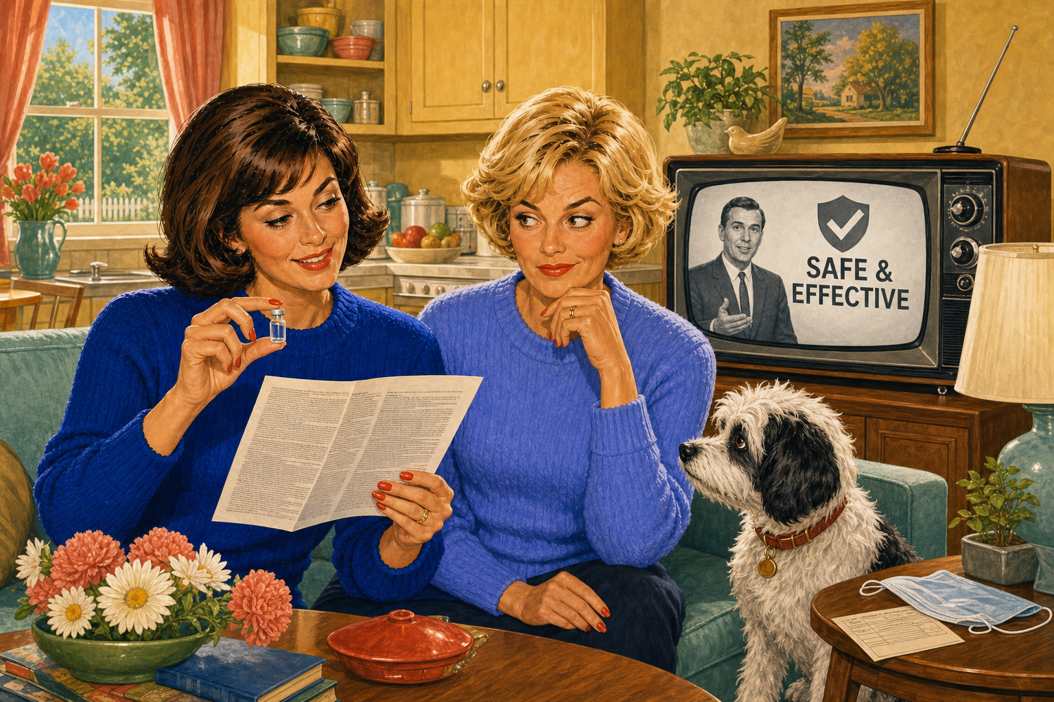 The Peptide Scene duo compare a tiny research vial with a long prescribing-information sheet while an old television repeats the words Safe and Effective and their dog watches skeptically